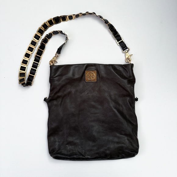 Tory Burch Dena Fold Over Convertible Gold Chain Black Leather Shoulder Bag - Picture 8 of 9